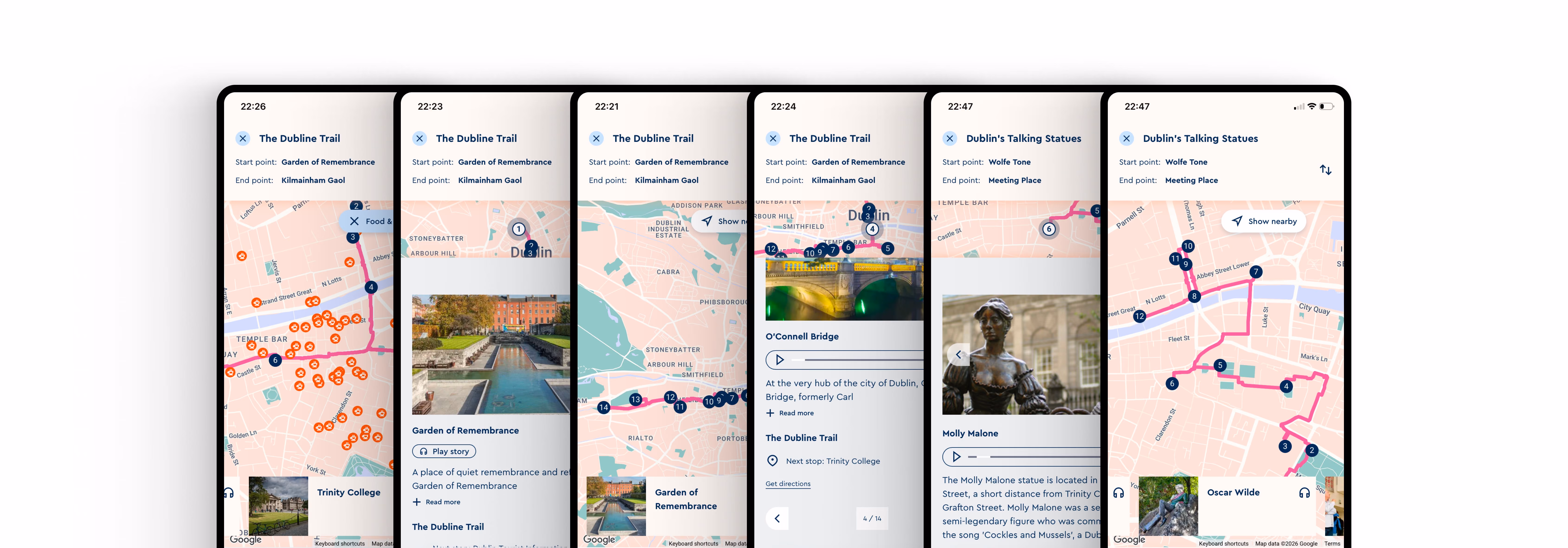 Six phone screens showing Dublin tourist app with maps, routes, landmarks, and statue info.