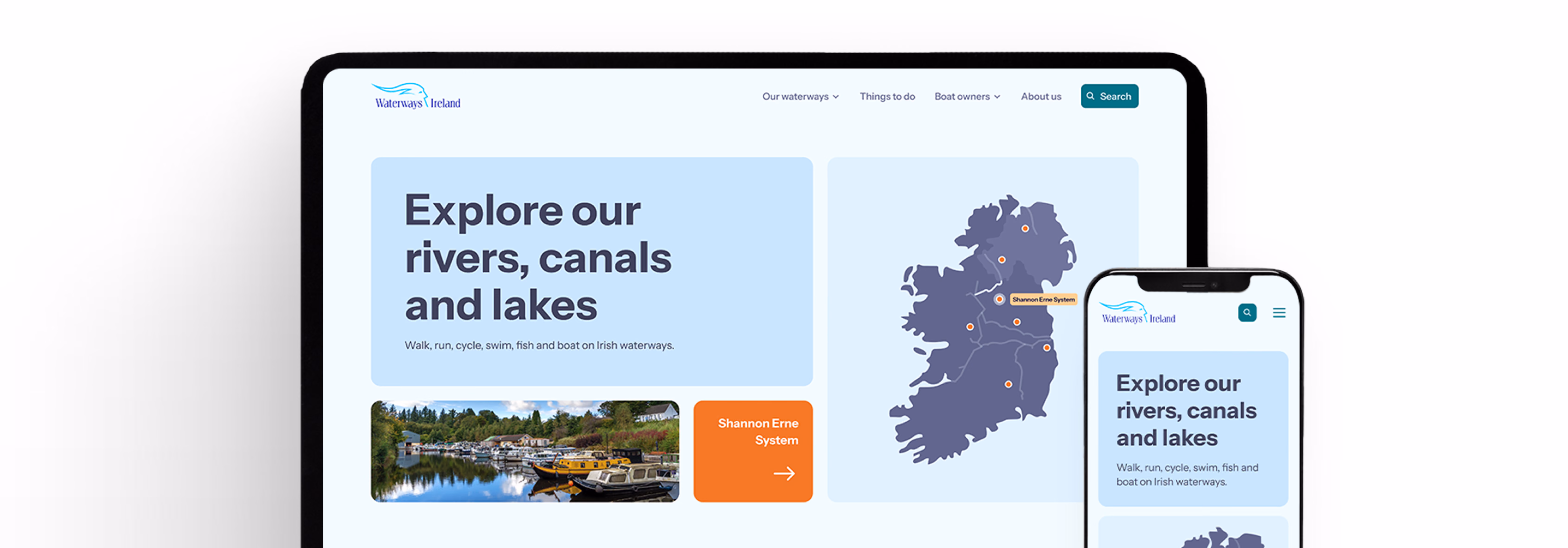 Website screenshot showing Irish waterways map, boats docked, and text inviting to explore rivers, canals, lakes.