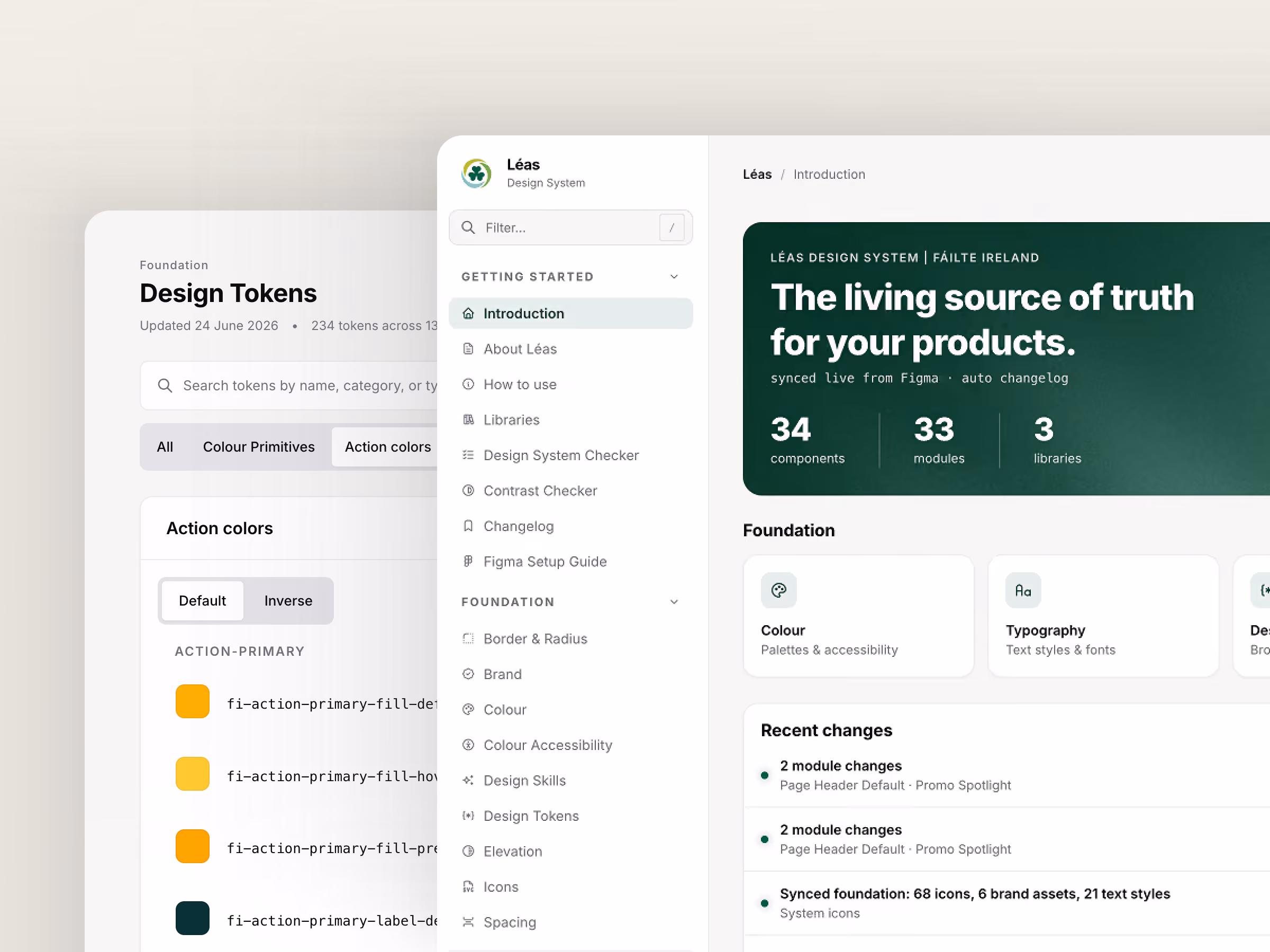 User interface showing Léas design system with tokens, foundation, recent changes, and navigation menu options.