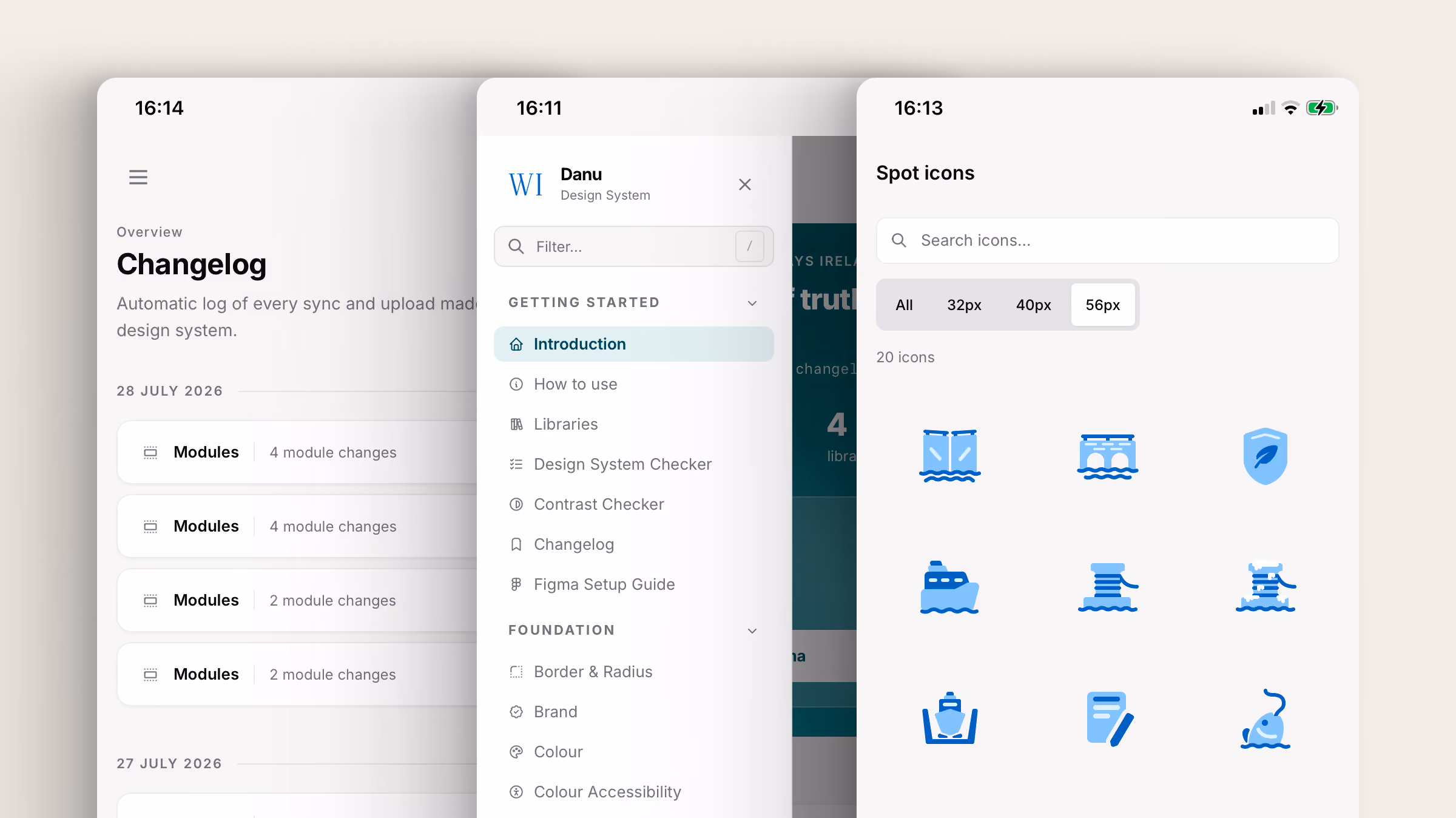 Mobile app screens showing changelog list, design system menu, and blue spot icons selector.