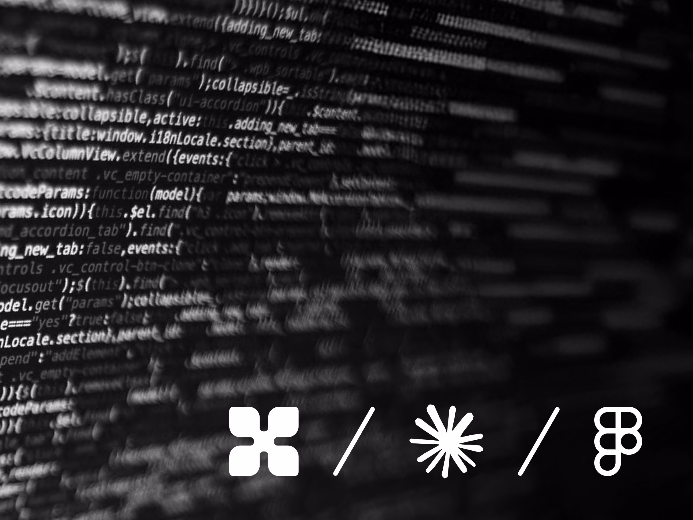 Blurred black and white code in background with four distinct white abstract icons in front.