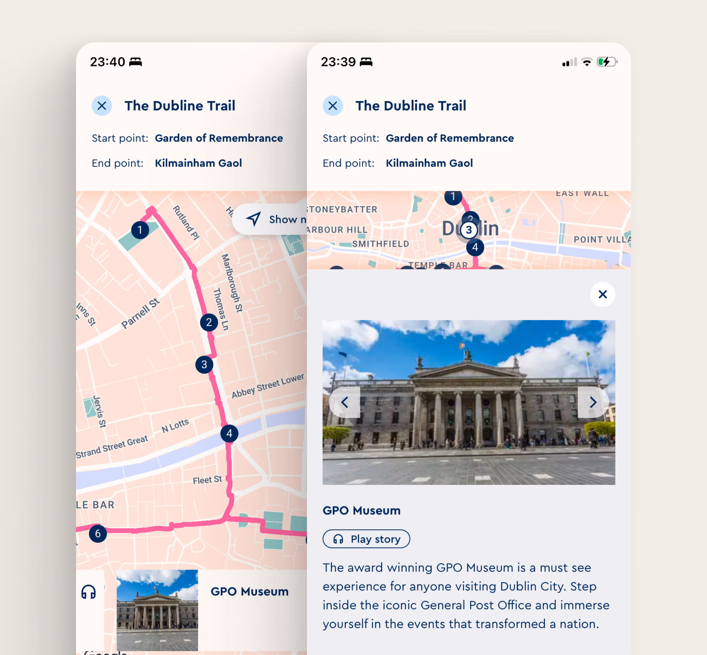 Map of The Dubline Trail in Dublin showing points with a photo and description of the GPO Museum.