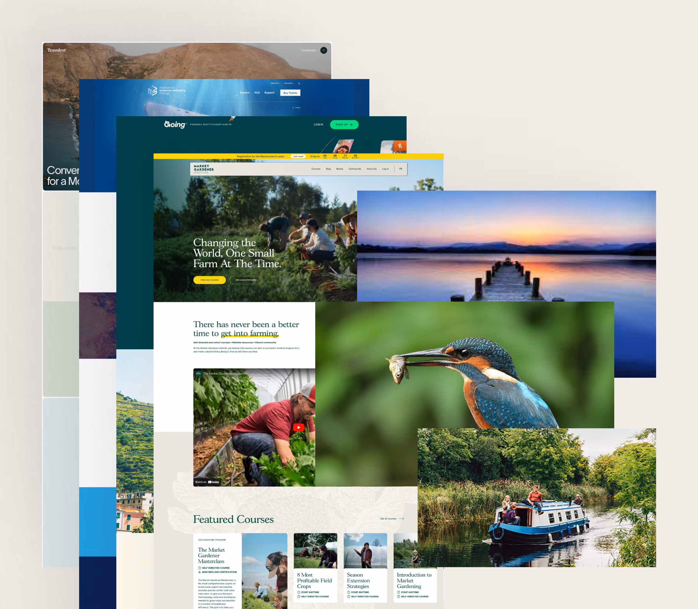 Collage of website screenshots with nature, farming, a kingfisher bird, and a boat on a river.