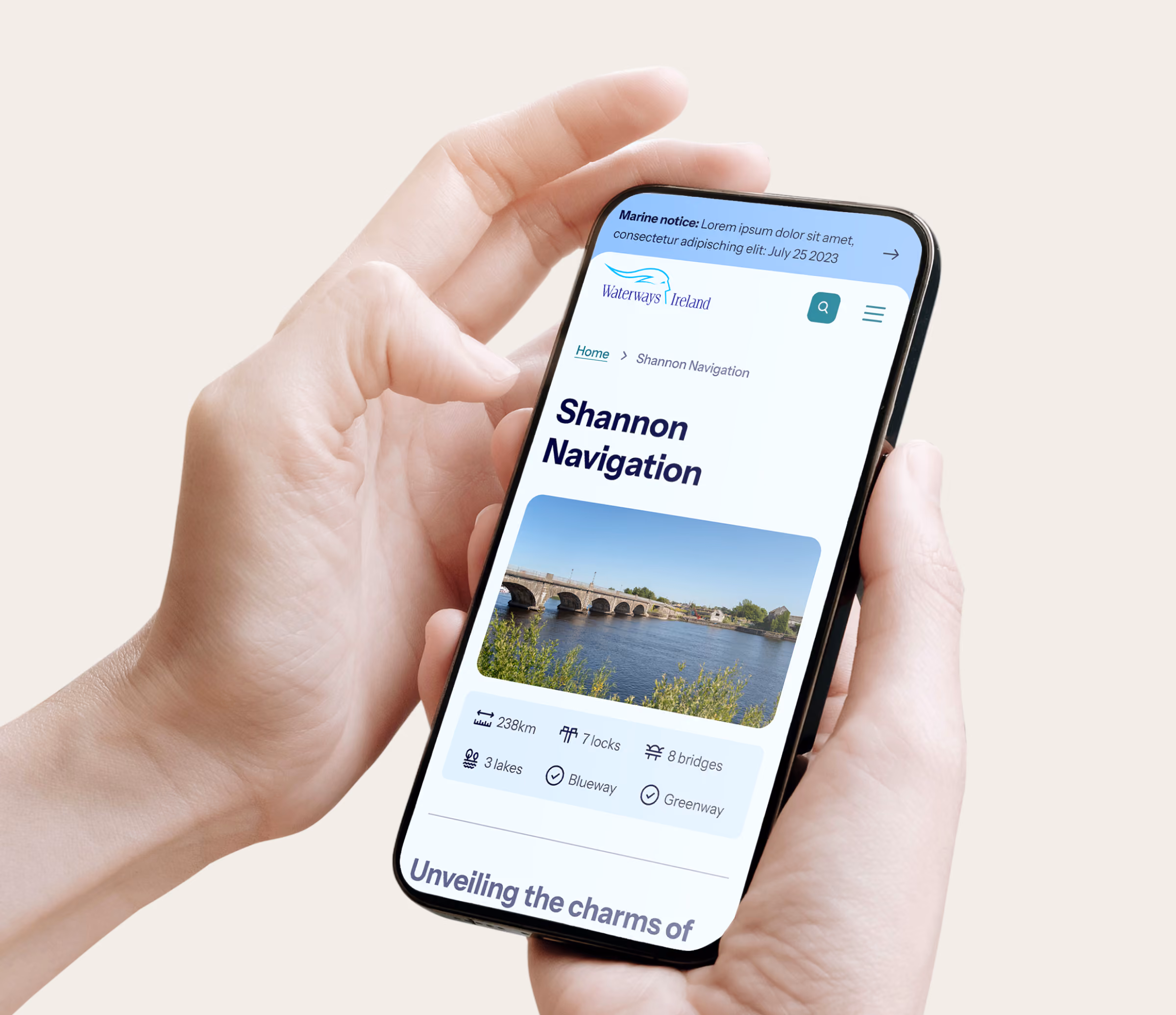 Smartphone showing Waterways Ireland Shannon Navigation webpage with river, bridge, and navigation details.